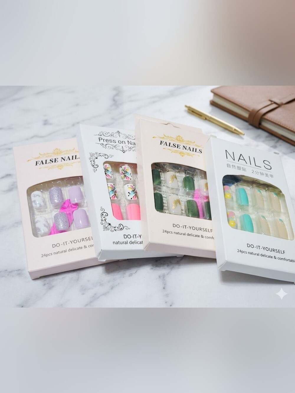 Press-On False Nails 4 Set – Pink, Purple, Green & Teal